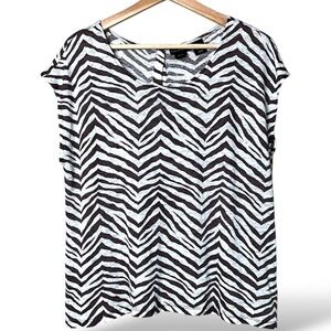 TAHARI 100% Linen Brown / Cream Zebra Print Cap Sleeve Tee Back Button Detail XL